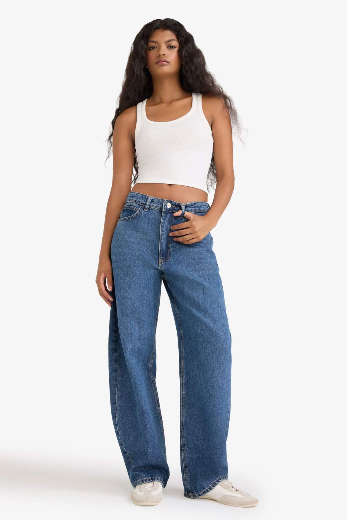 DeFacto Barrel Fit Jeans mit hoher Taille und gefaltetem Bein, waschbare Hose...