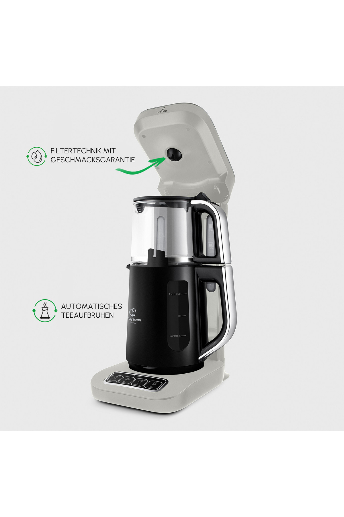 Çaysever Robotea Pro Connect 4-in-1 sprechender automatischer Glas-Teekocher und Filterkaffeebereiter