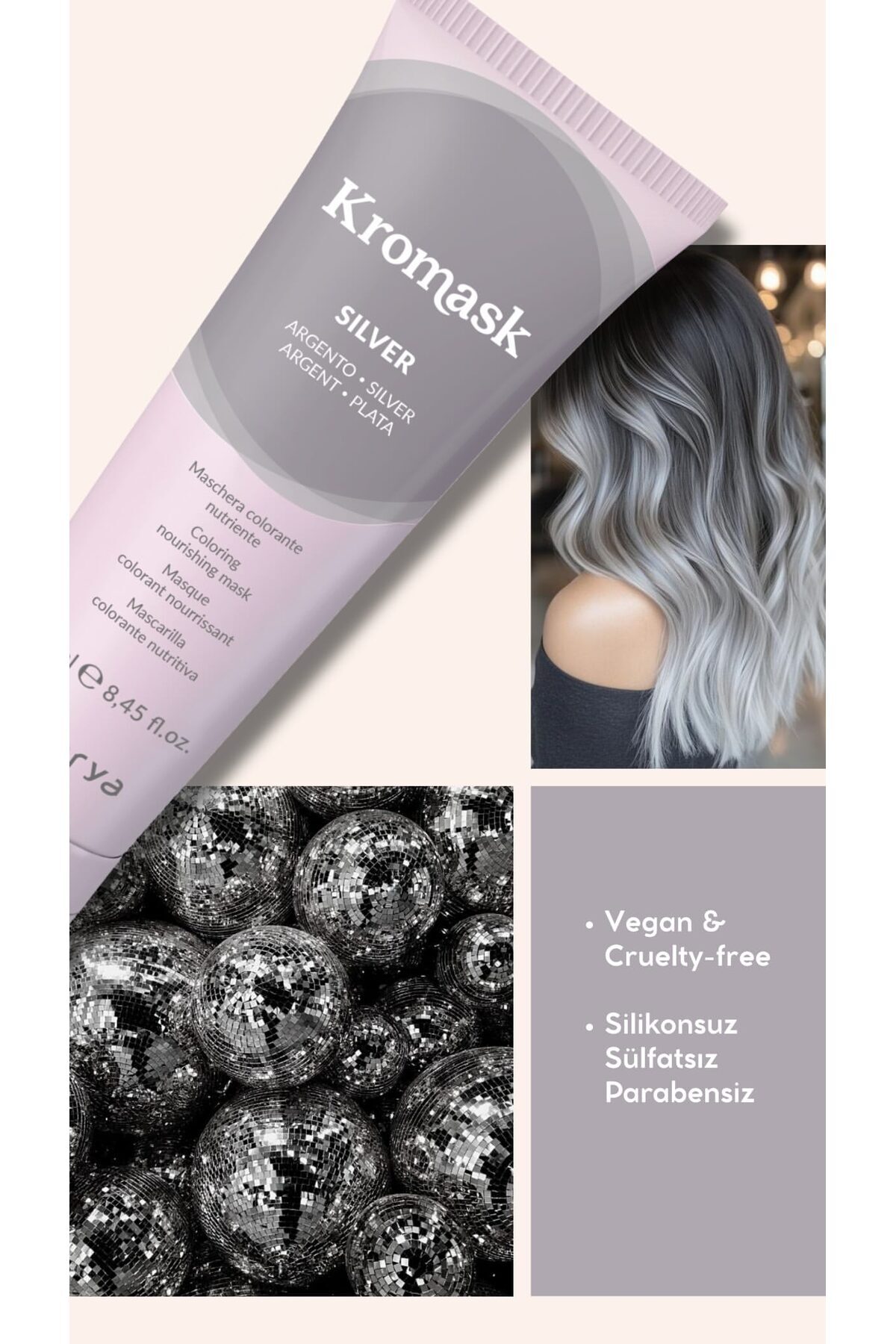 Inebrya Kromask Silver – Gri ve Platin Ton Yenileyici Renkli Saç Maskesi 250 ml — 8008277264479