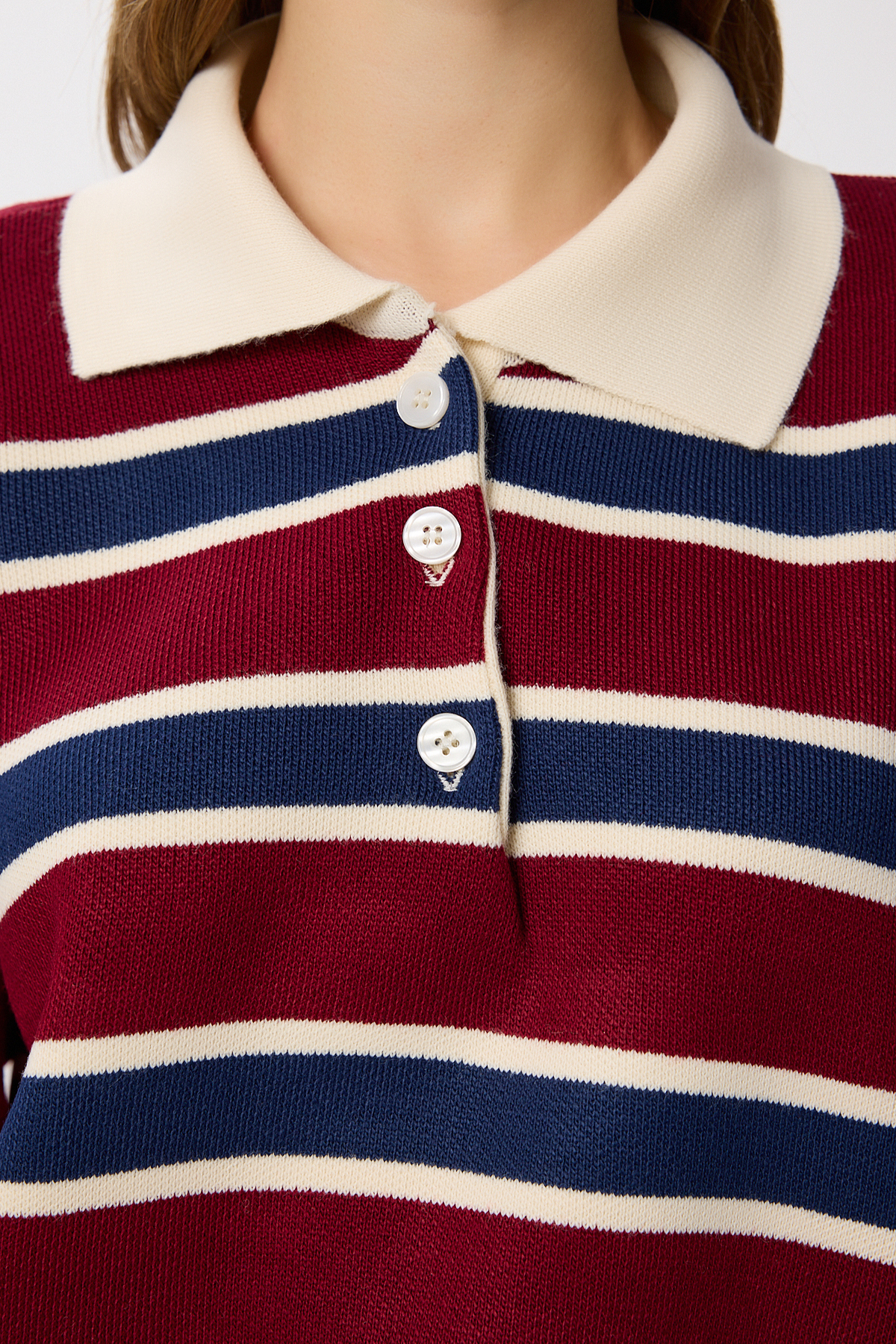 Lovelyİstanbul  Polo Yaka Çizgili Triko Kazak LMW0024 BORDO LACİVERT - Görsel 3