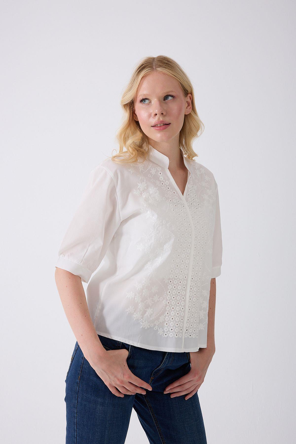 fumel women's clothing  Kadın Yarım Kol Nakışlı Gömlek - Görsel 5