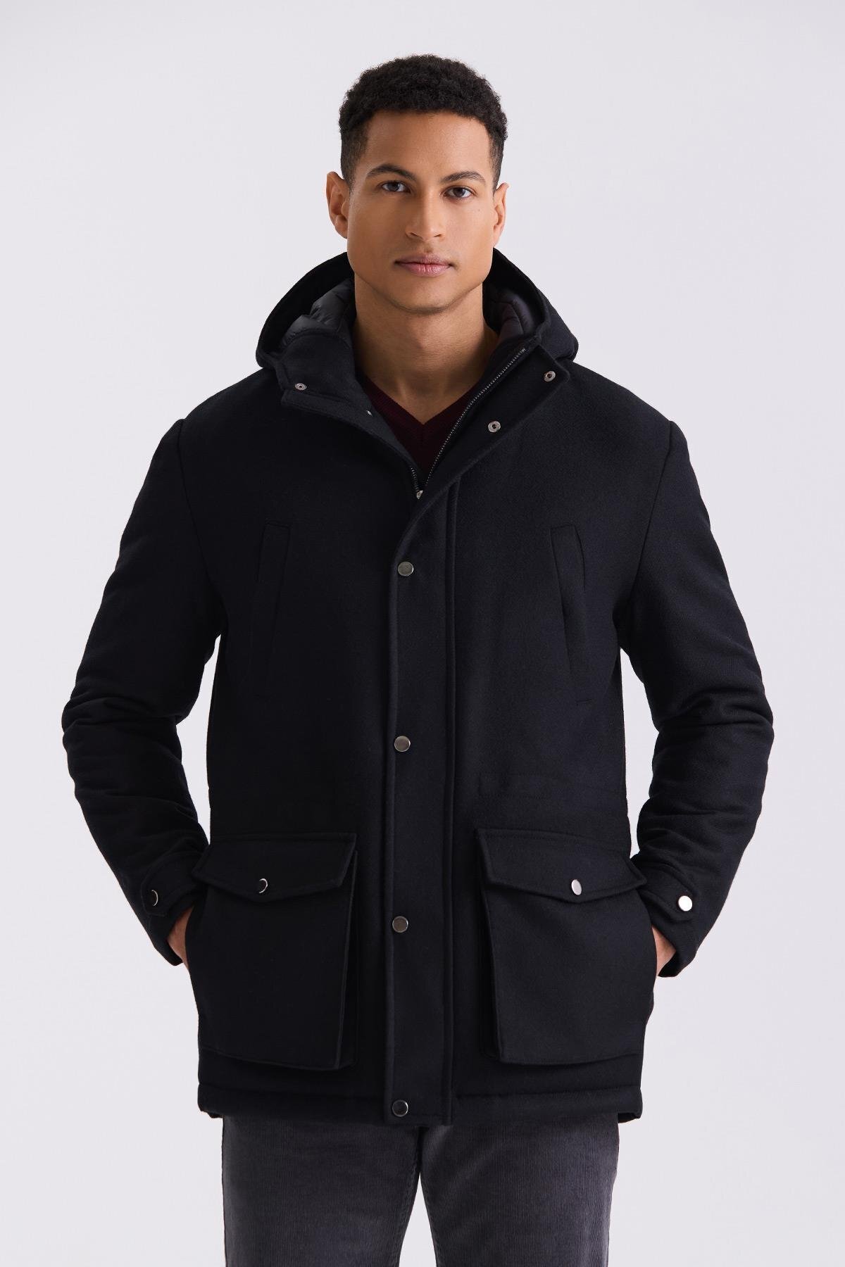 جاکامن کت پشمی کلاهدار Comfort Fit مشکی