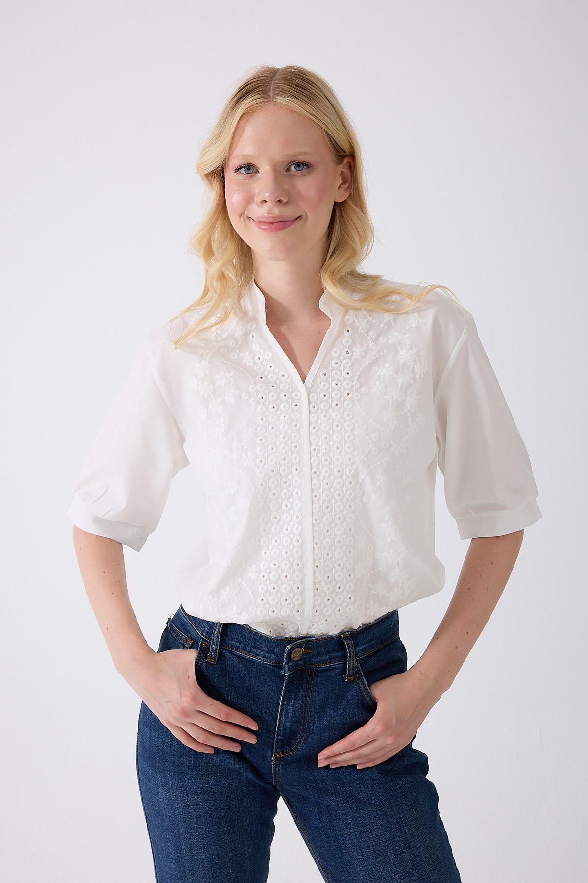 fumel women's clothing  Kadın Yarım Kol Nakışlı Gömlek - Görsel 7