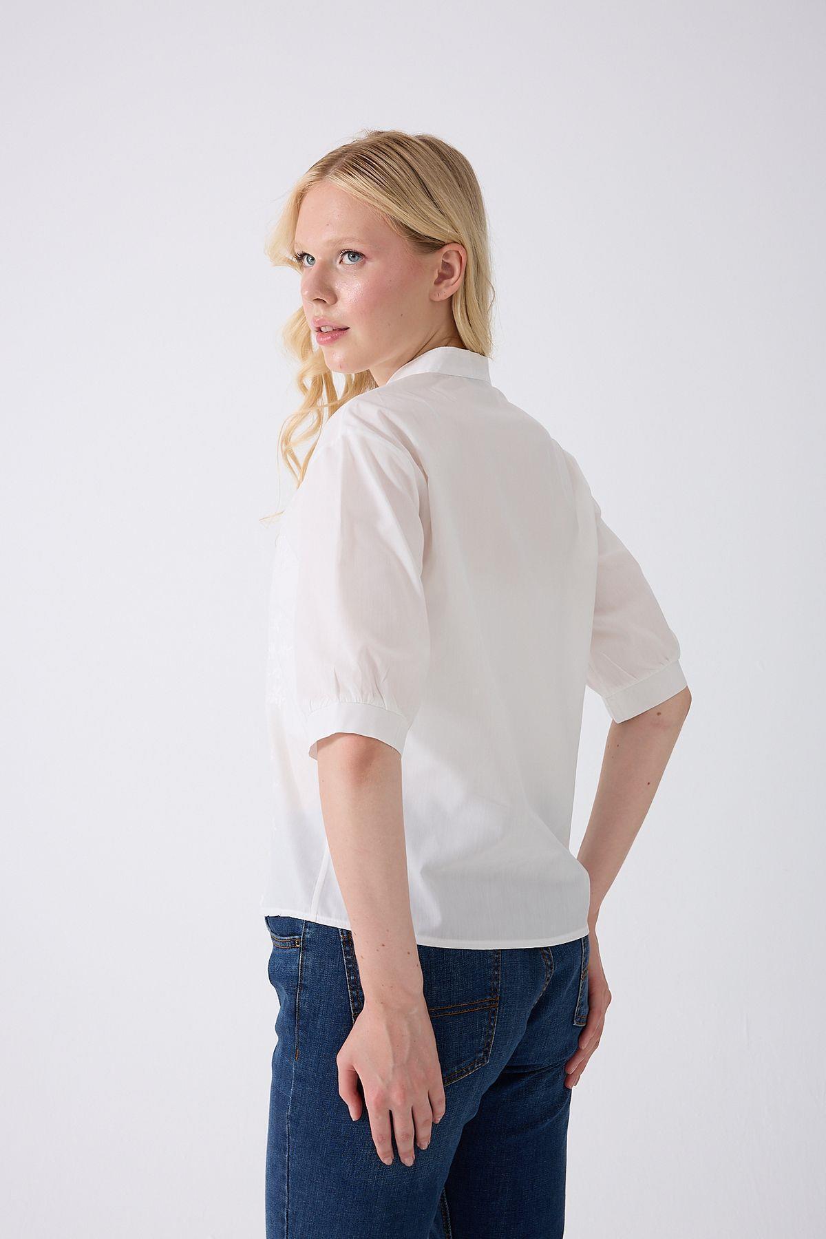 fumel women's clothing  Kadın Yarım Kol Nakışlı Gömlek - Görsel 8