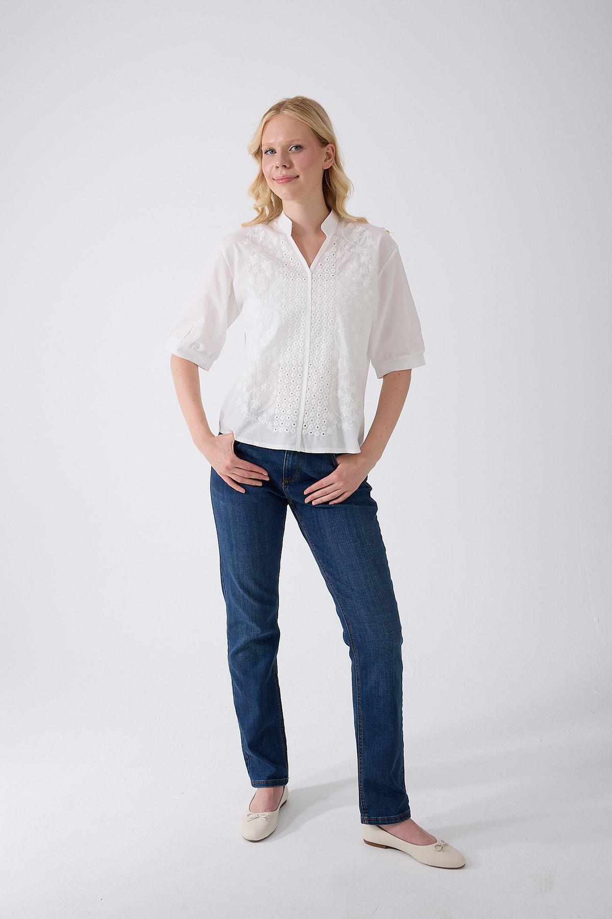 fumel women's clothing  Kadın Yarım Kol Nakışlı Gömlek - Görsel 3