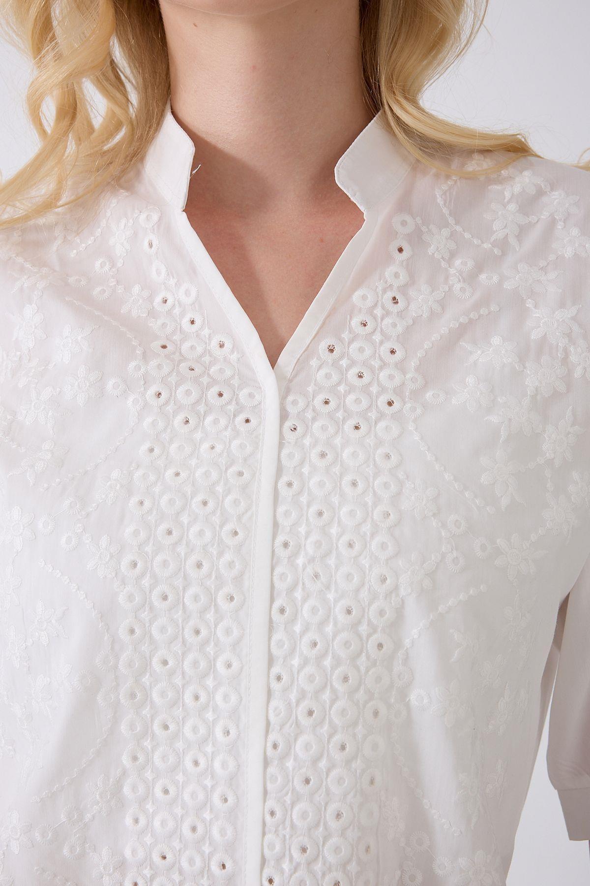 fumel women's clothing  Kadın Yarım Kol Nakışlı Gömlek - Görsel 6