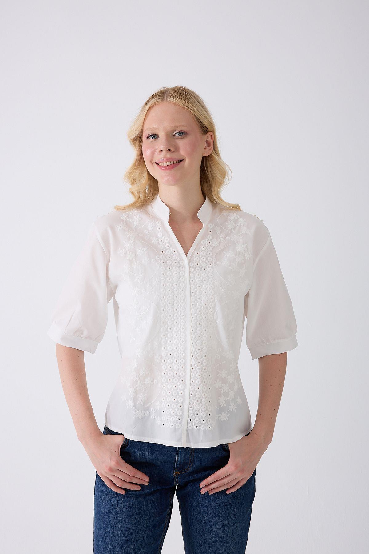 fumel women's clothing  Kadın Yarım Kol Nakışlı Gömlek - Görsel 2