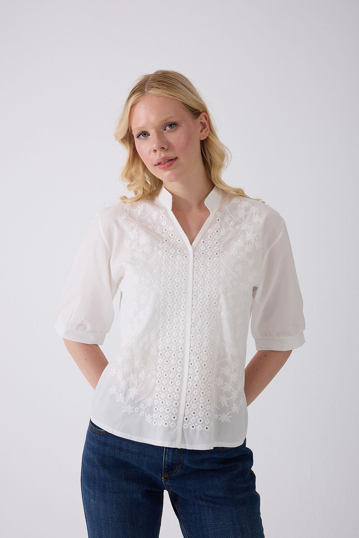 fumel women's clothing  Kadın Yarım Kol Nakışlı Gömlek - Görsel 4