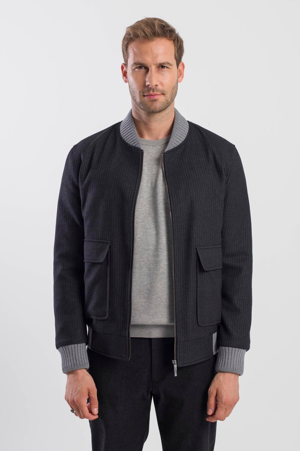 جاکامن کاپشن راه راه یقه کالج Comfort Fit مشکی
