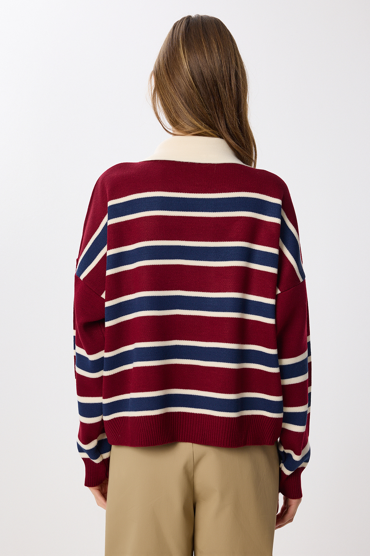 Lovelyİstanbul  Polo Yaka Çizgili Triko Kazak LMW0024 BORDO LACİVERT - Görsel 4