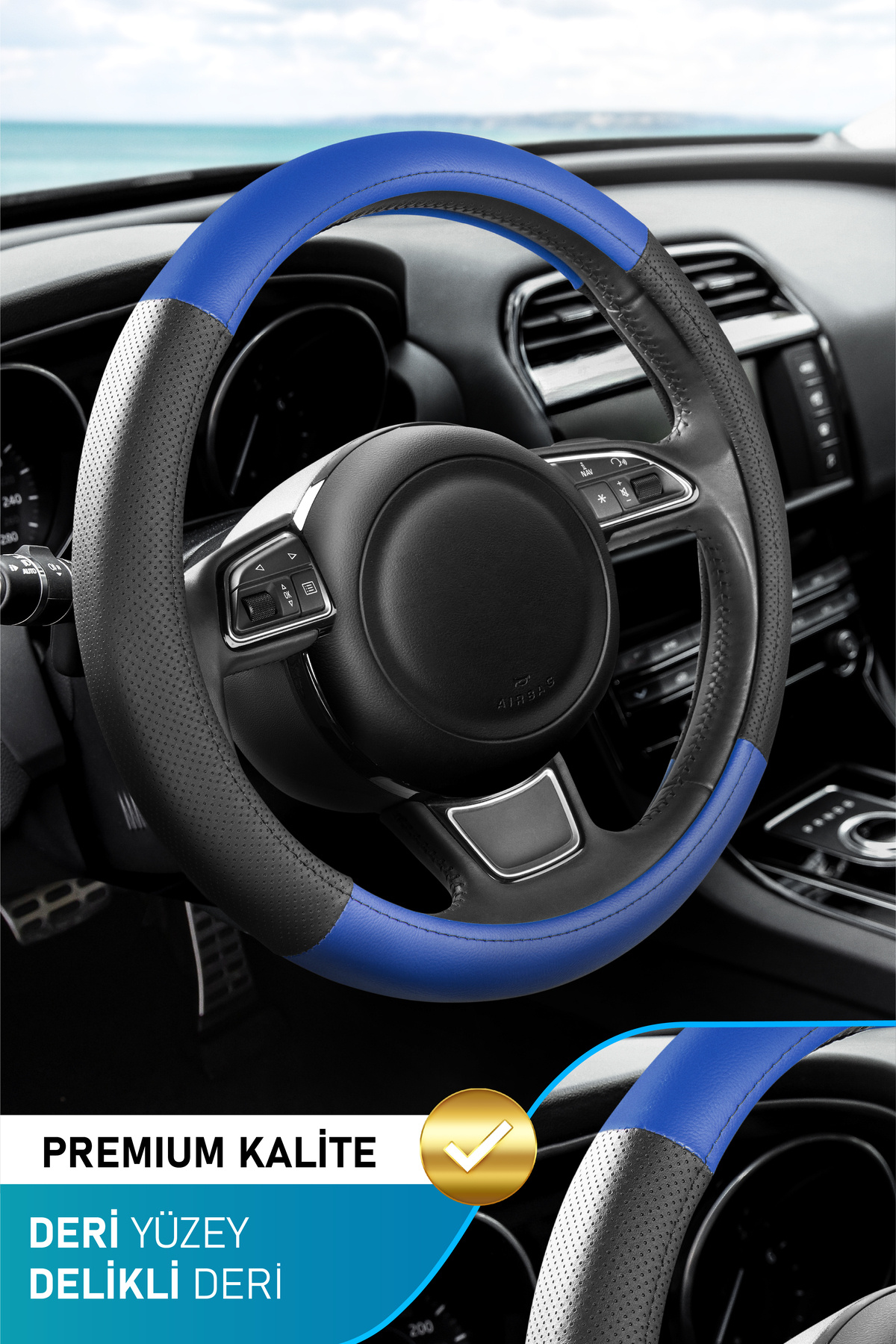 Form Geçmeli Oto Direksiyon Kılıfı 38cm %100 Yerli Üretim Noktalı Siyah Düz Mavi 1.Kalite Suni Deri