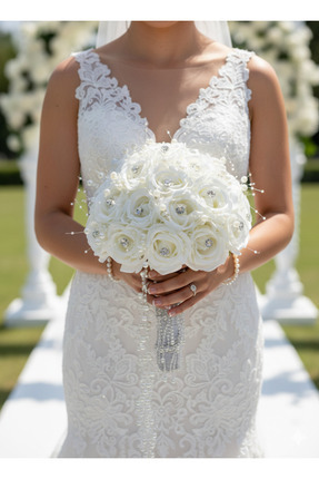 Bioren İncili Taşlı Kadife Gül Gelin Çiçeği Gelin Buketi