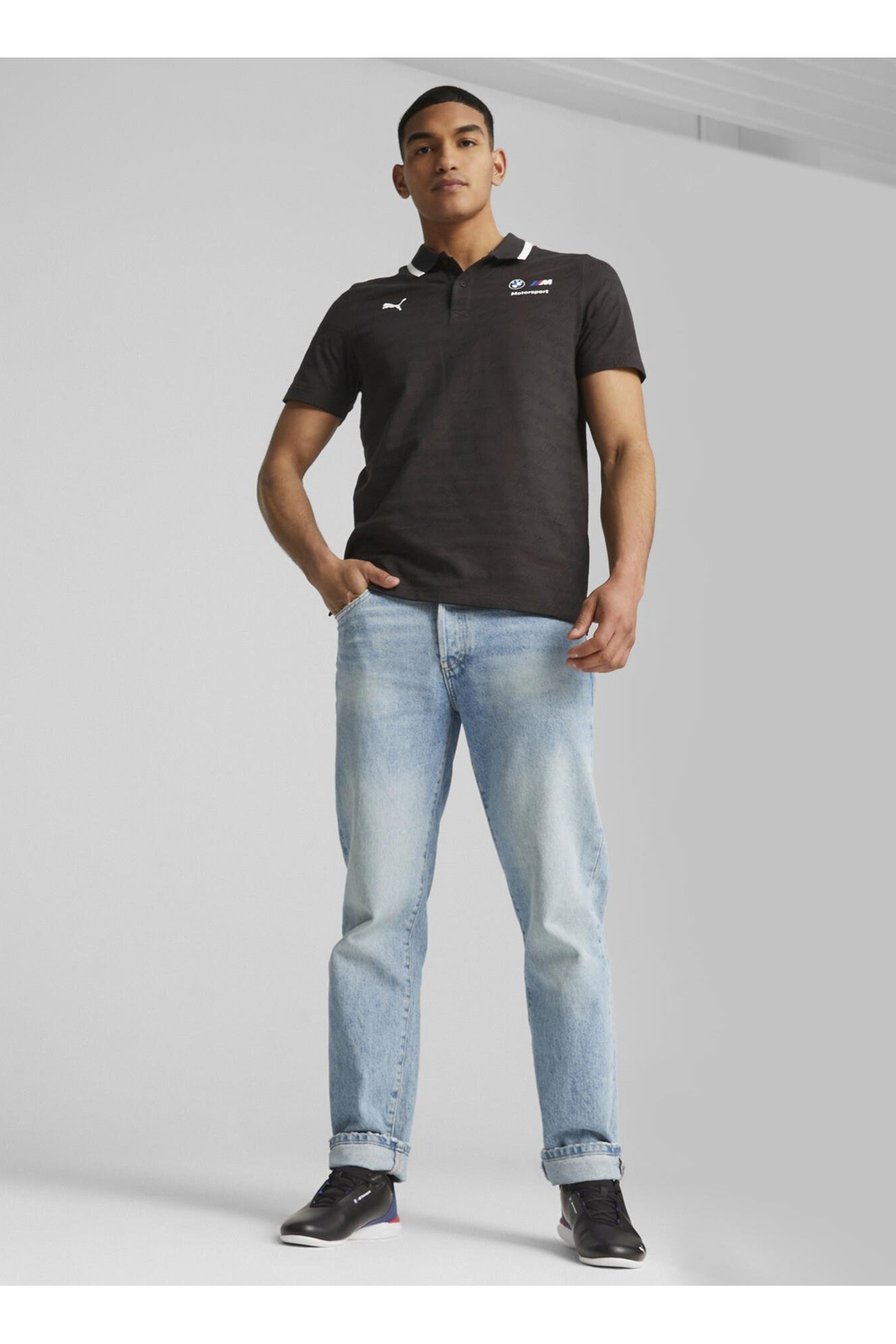 Puma Plain Black Men's Polo T-Shirt 62184601 Bmw Mms Jacquard Polo