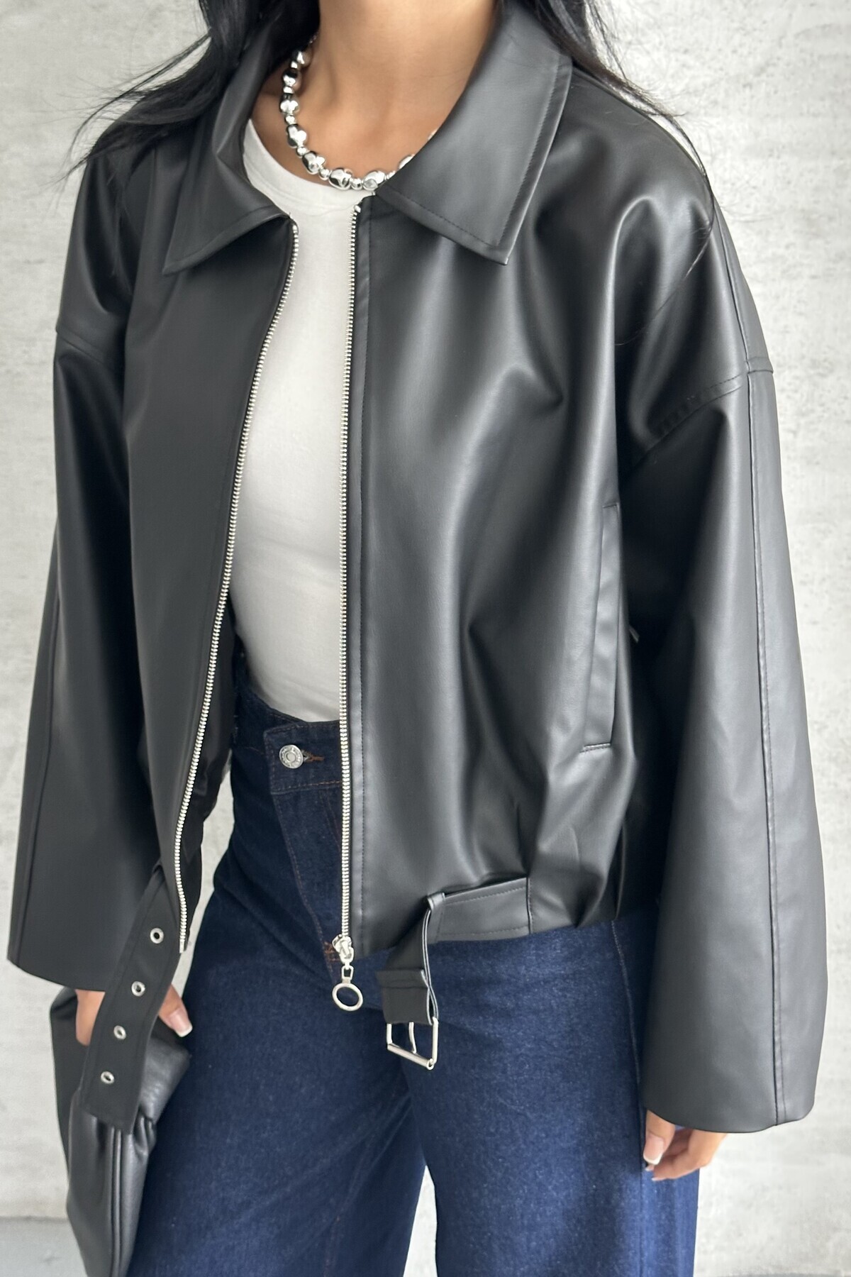 moda armanc  Kadın Oversize Bomber Suni Deri Ceket | Yeni Sezon Kemerli Biker Ceket - Görsel 7