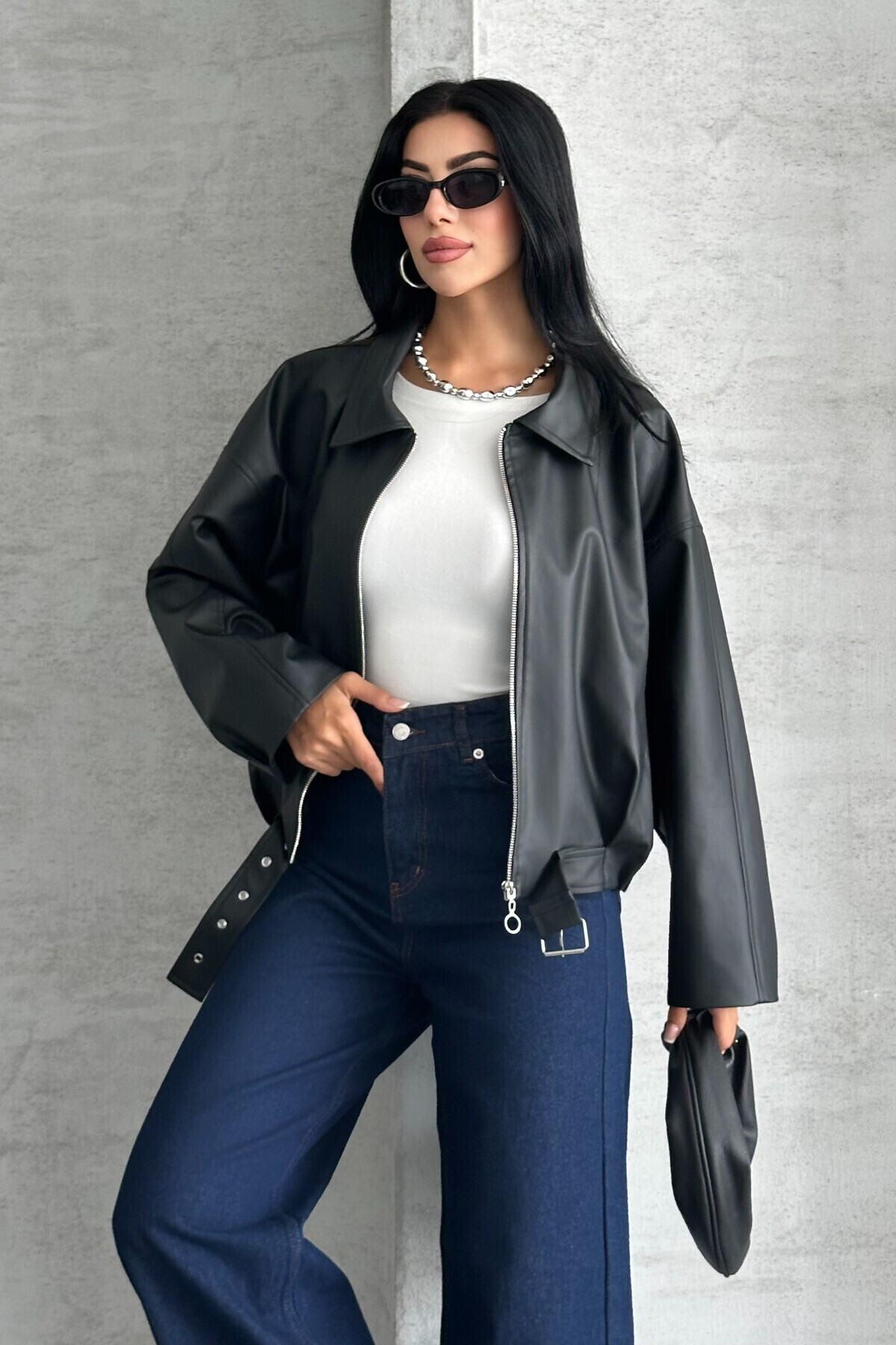 moda armanc  Kadın Oversize Bomber Suni Deri Ceket | Yeni Sezon Kemerli Biker Ceket - Görsel 5