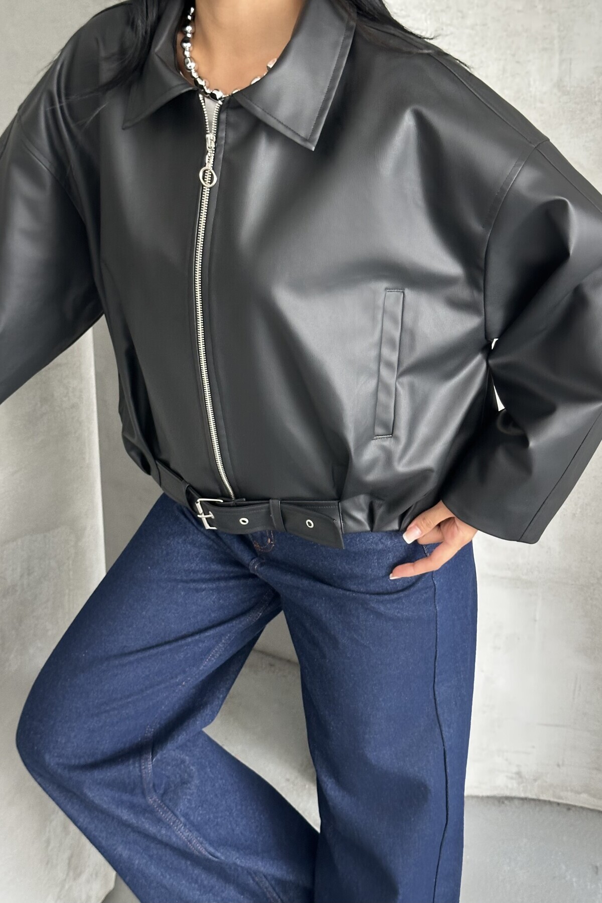 moda armanc  Kadın Oversize Bomber Suni Deri Ceket | Yeni Sezon Kemerli Biker Ceket - Görsel 8