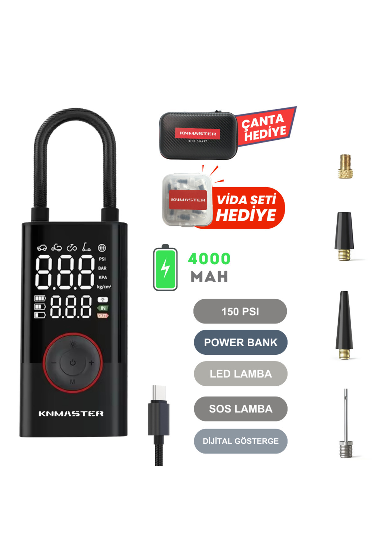 Knmaster LP200 - 150 PSI Dijital Şarjlı Akıllı Lastik Pompası | Taşınabilir Hava Kompresörü