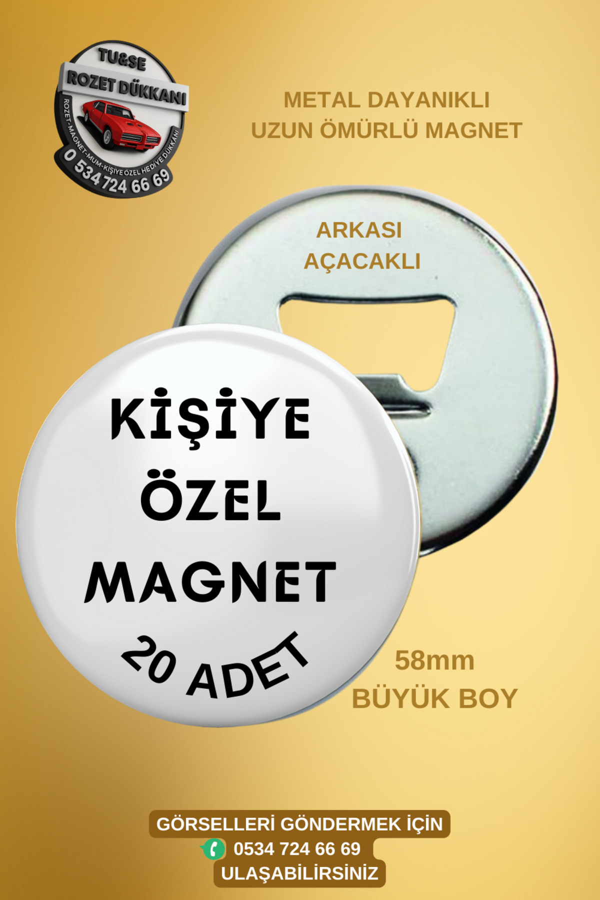 Personalized 58mm Metal Magnet – With Opener – 20 Pcs