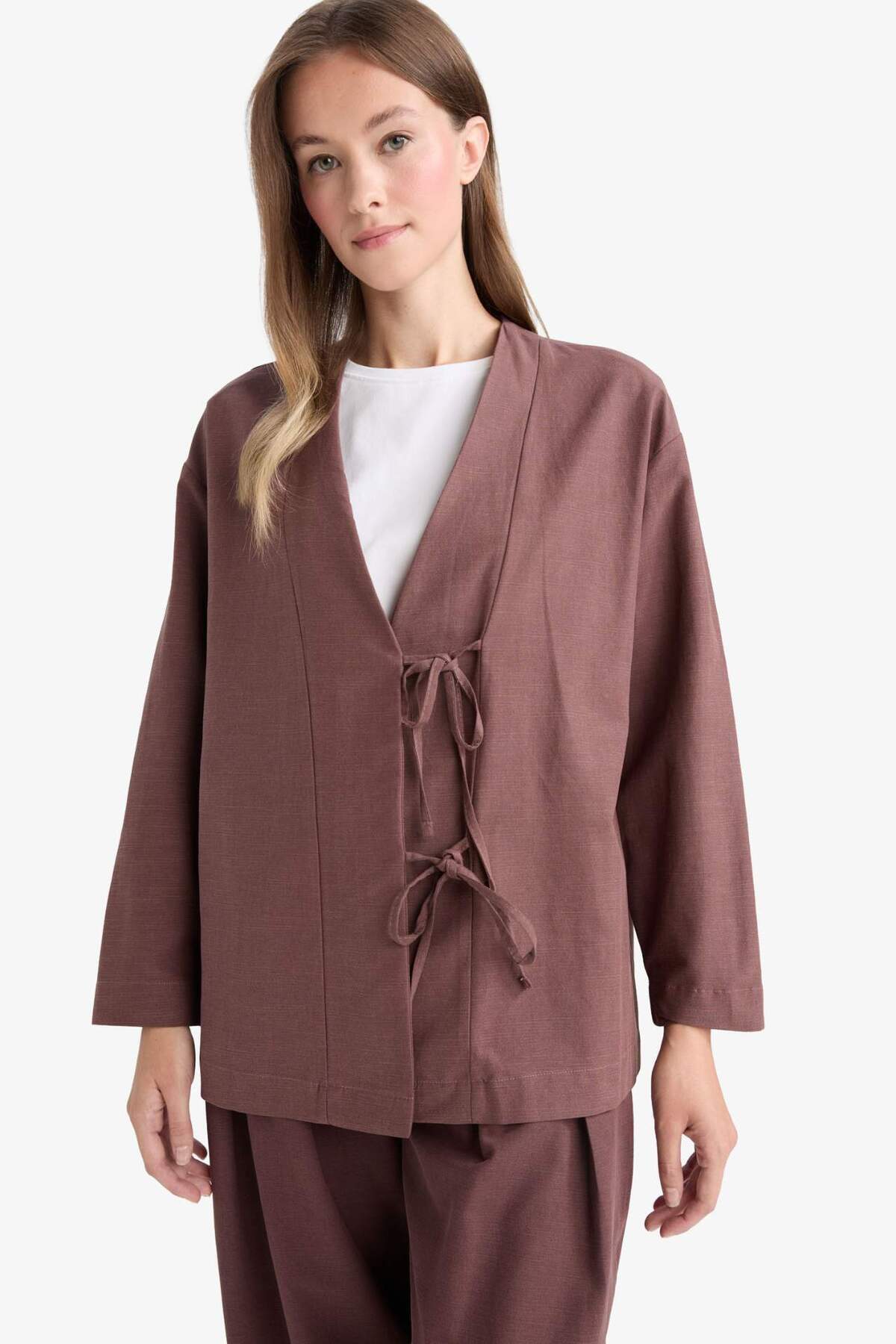 DeFacto Regular Fit V Yaka Keten Karışımlı Kimono F7958AX25AU