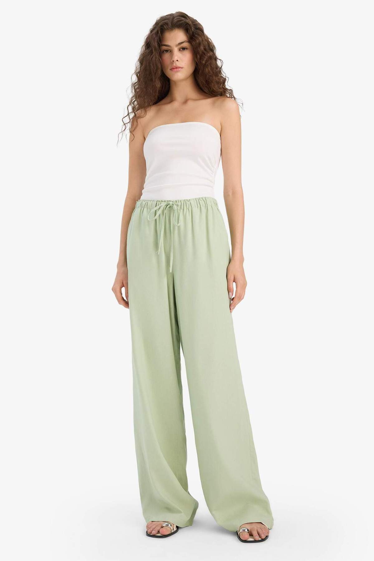 Defacto Wide Leg Double Pockets Elastic Waist Standard Length Linen Blend Trousers E1981Ax25Sm