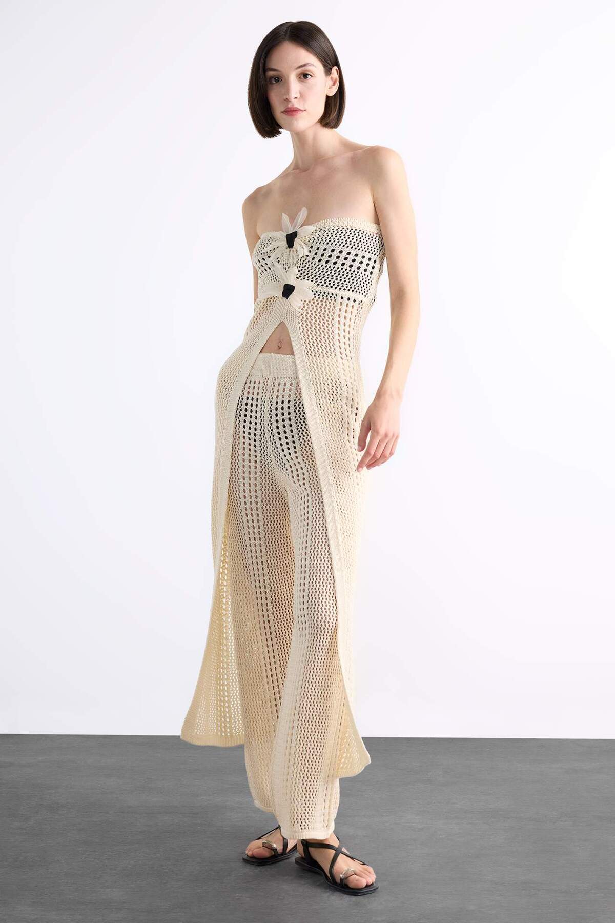 DeFacto Straplez Çiçek Detaylı Kroşe Uzun Plaj Üstü F7861AX25HS