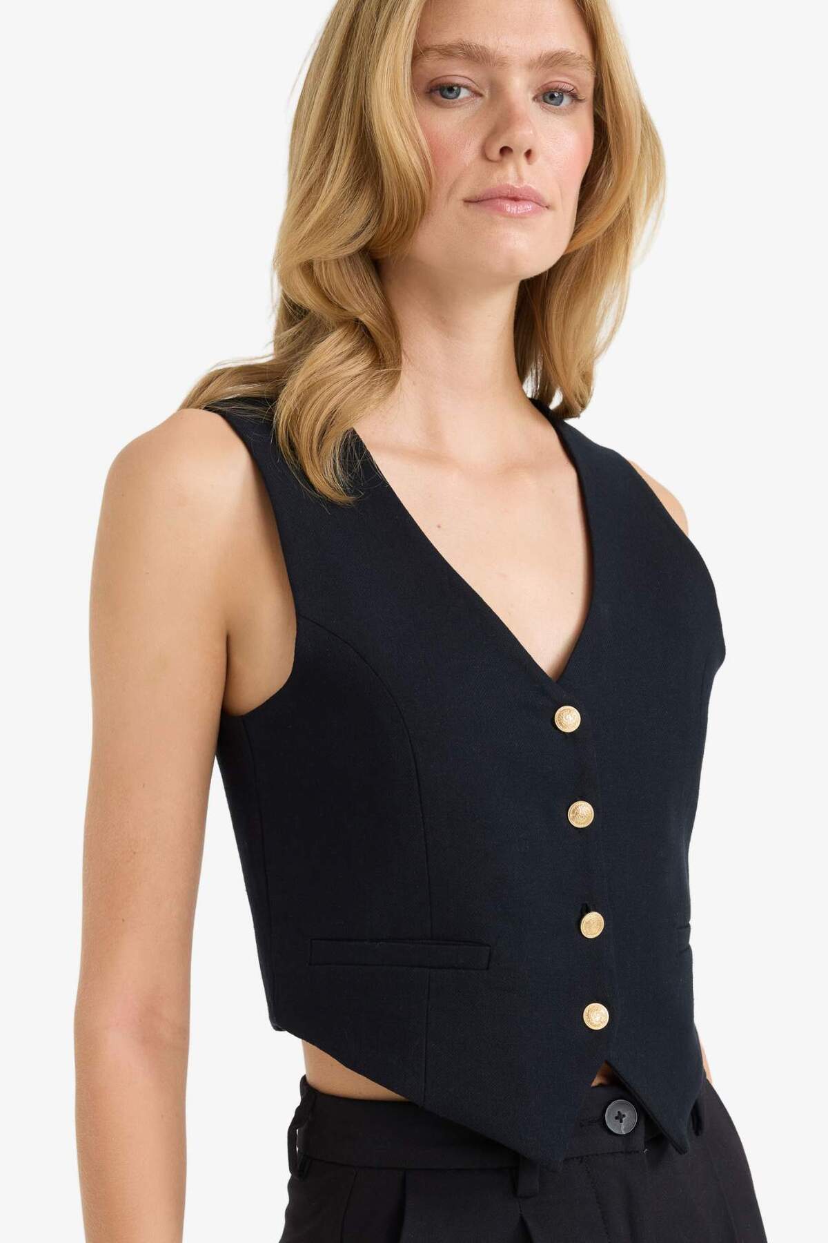 DeFacto Crop V Yaka Keten Karışımlı Blazer Siyah Yelek C7798AX25SM