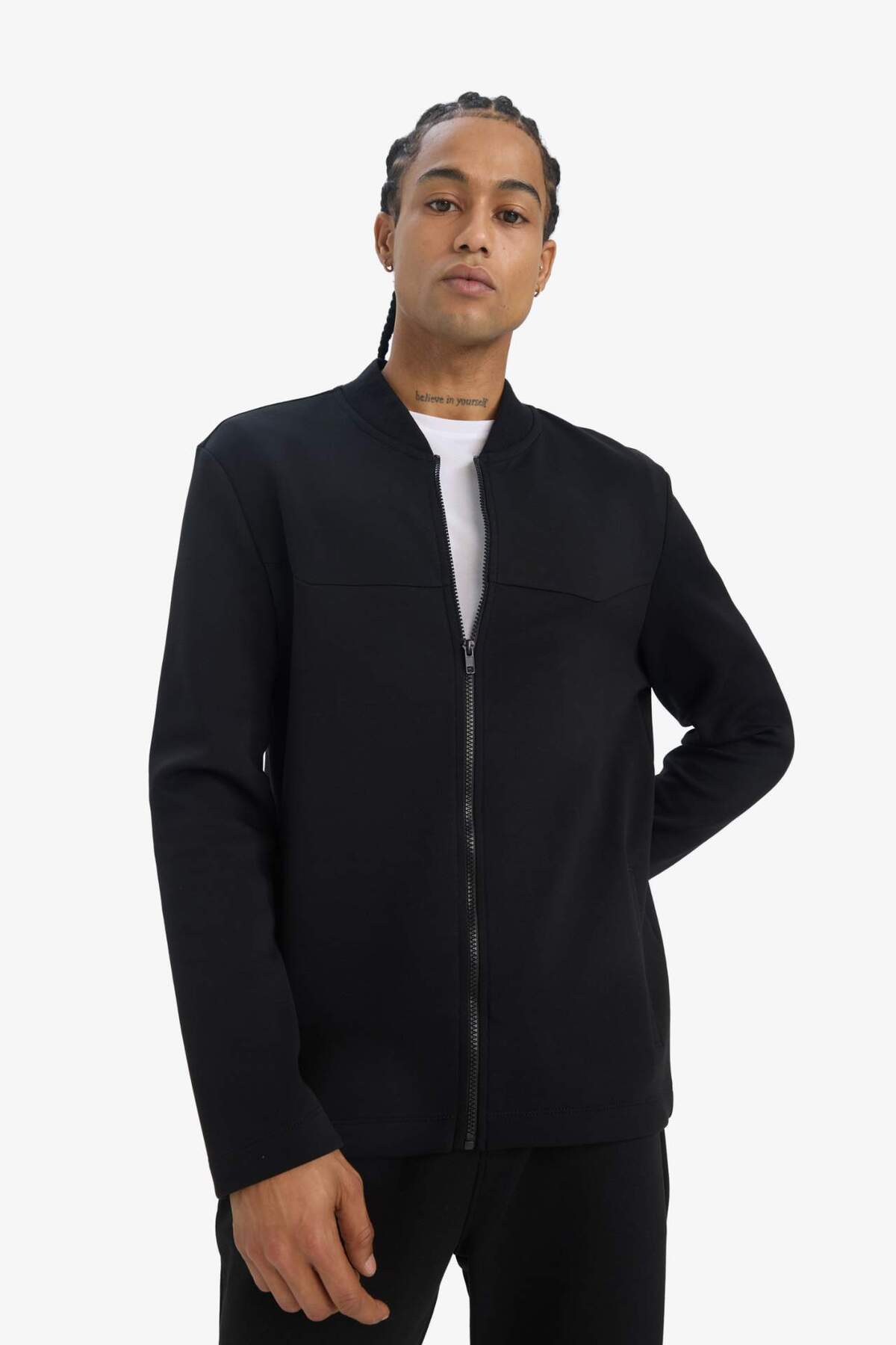 دفاکتو DeFactoFit Slim Fit Slim Cut College Collar Scuba Diving Fabric Bomber Cardigan F0877AX25SP