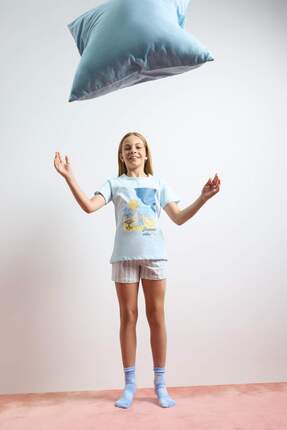 Defacto Pijama Takımı Baskılı Kısa Kollu Üst Beli Lastikli Kısa Şort Kız Çocu...