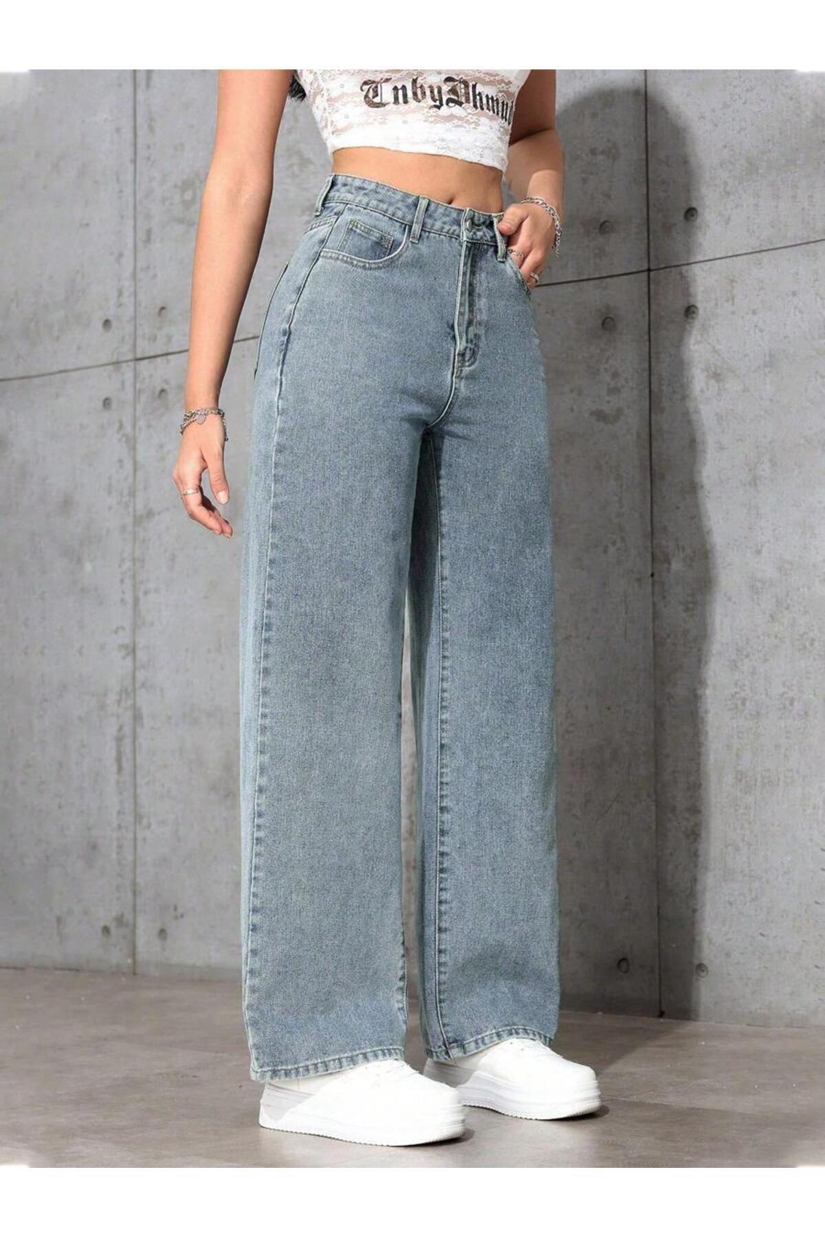 WKM Kadın Baggy Fit Yüksek Bel Denim Jean Yıkamalı Pantolon görsel 4