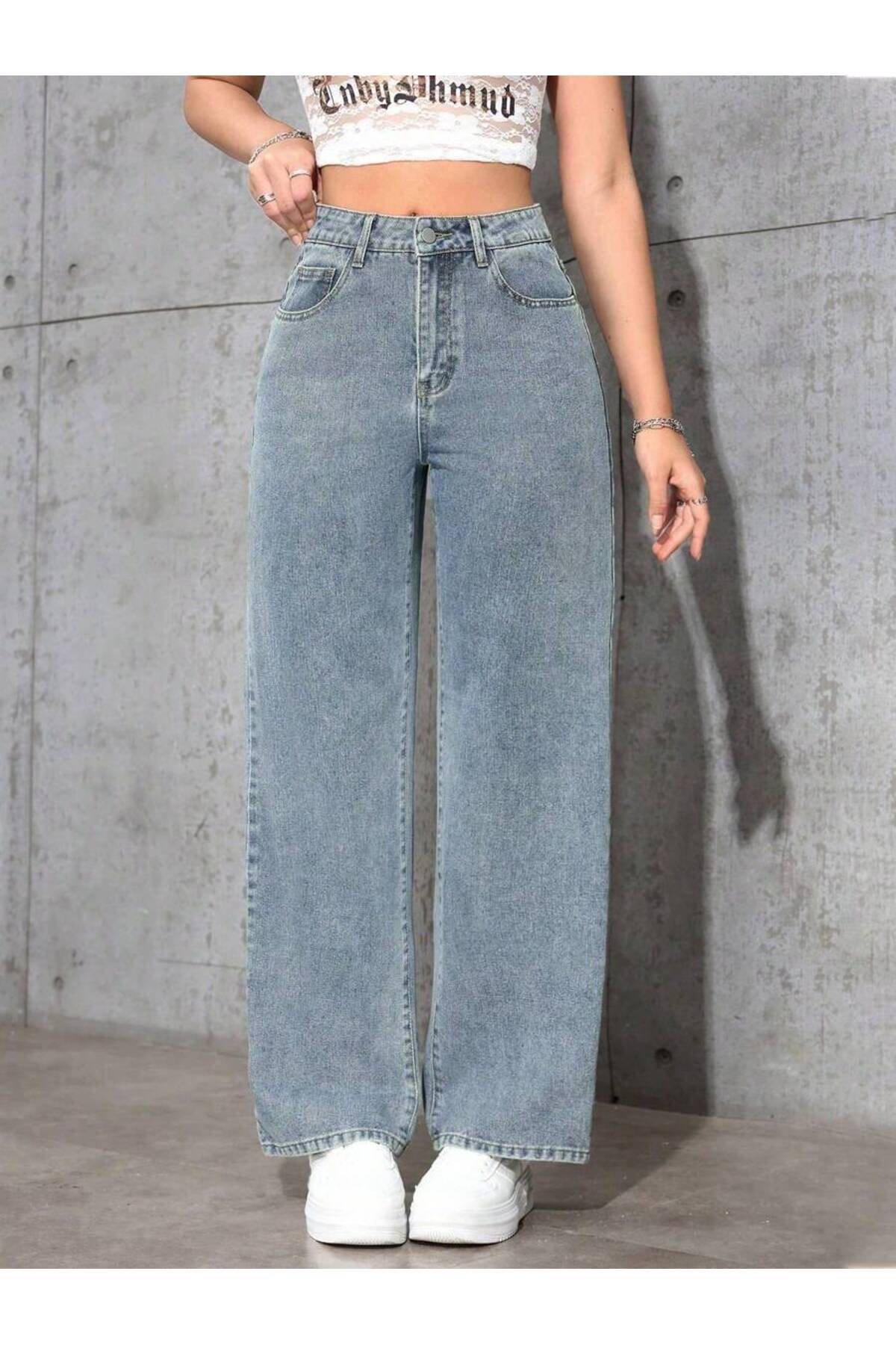 WKM Kadın Baggy Fit Yüksek Bel Denim Jean Yıkamalı Pantolon görsel 3