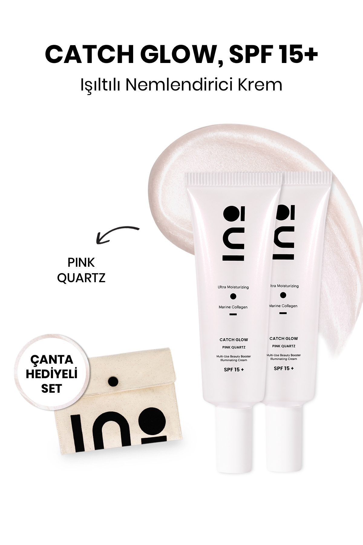INO Cosmetic Catch Glow Işıltılı Nemlendirici Krem (Gümüş/Pembe) x2 + Özel INO Makyaj Çantası