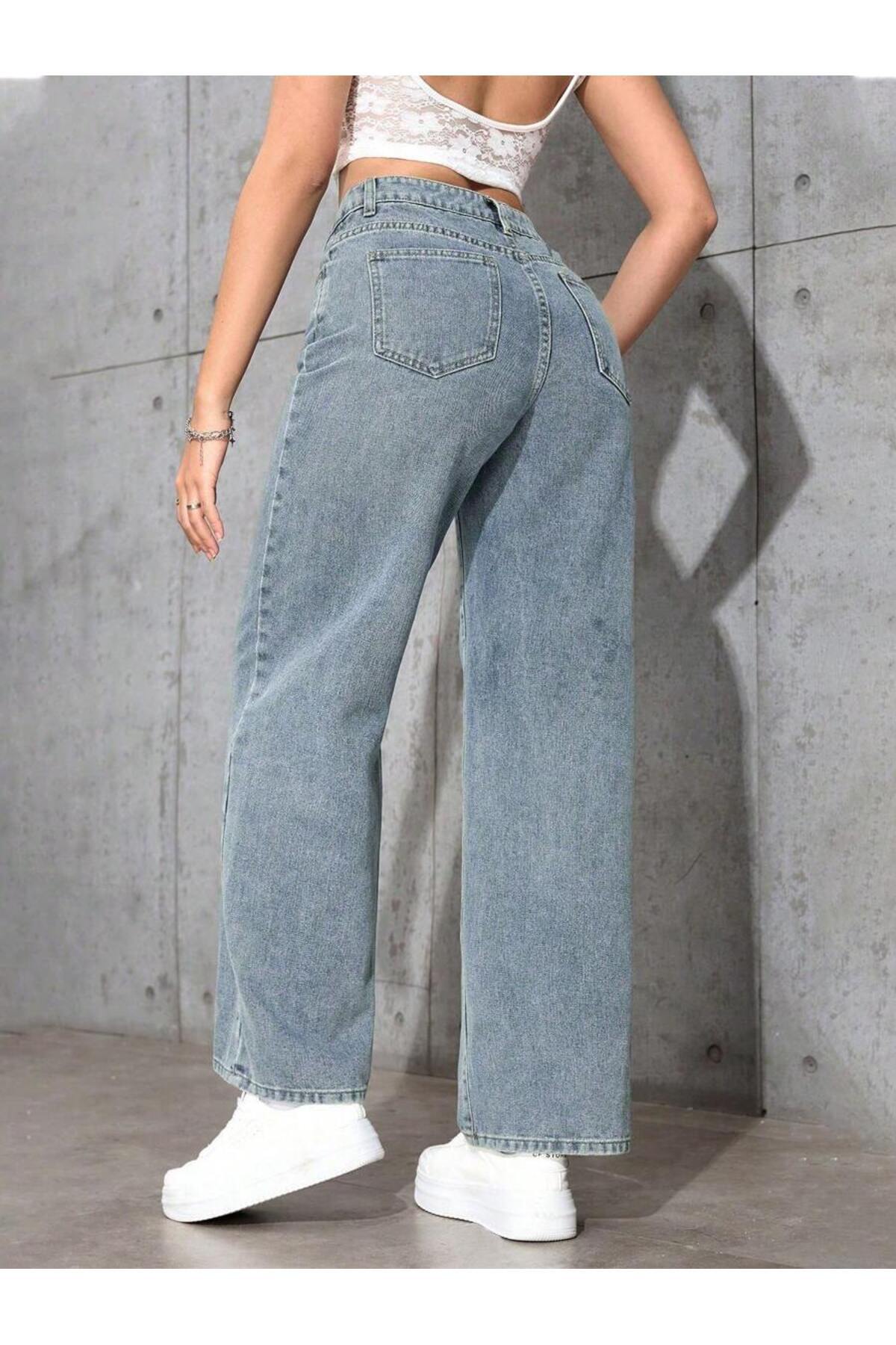 WKM Kadın Baggy Fit Yüksek Bel Denim Jean Yıkamalı Pantolon görsel 2