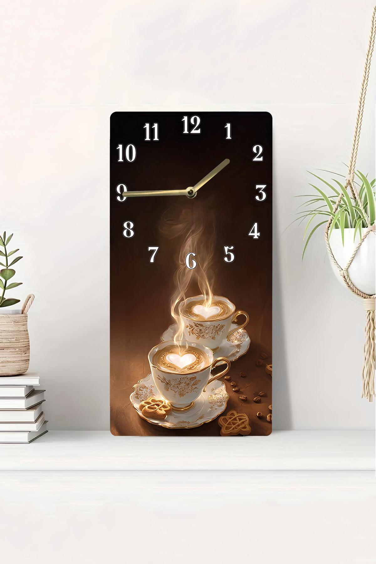 MDF Dikdörtgen Kahve Fincanı Desenli UV Baskı Sessiz Duvar Saati 30x60 cm – USD016
