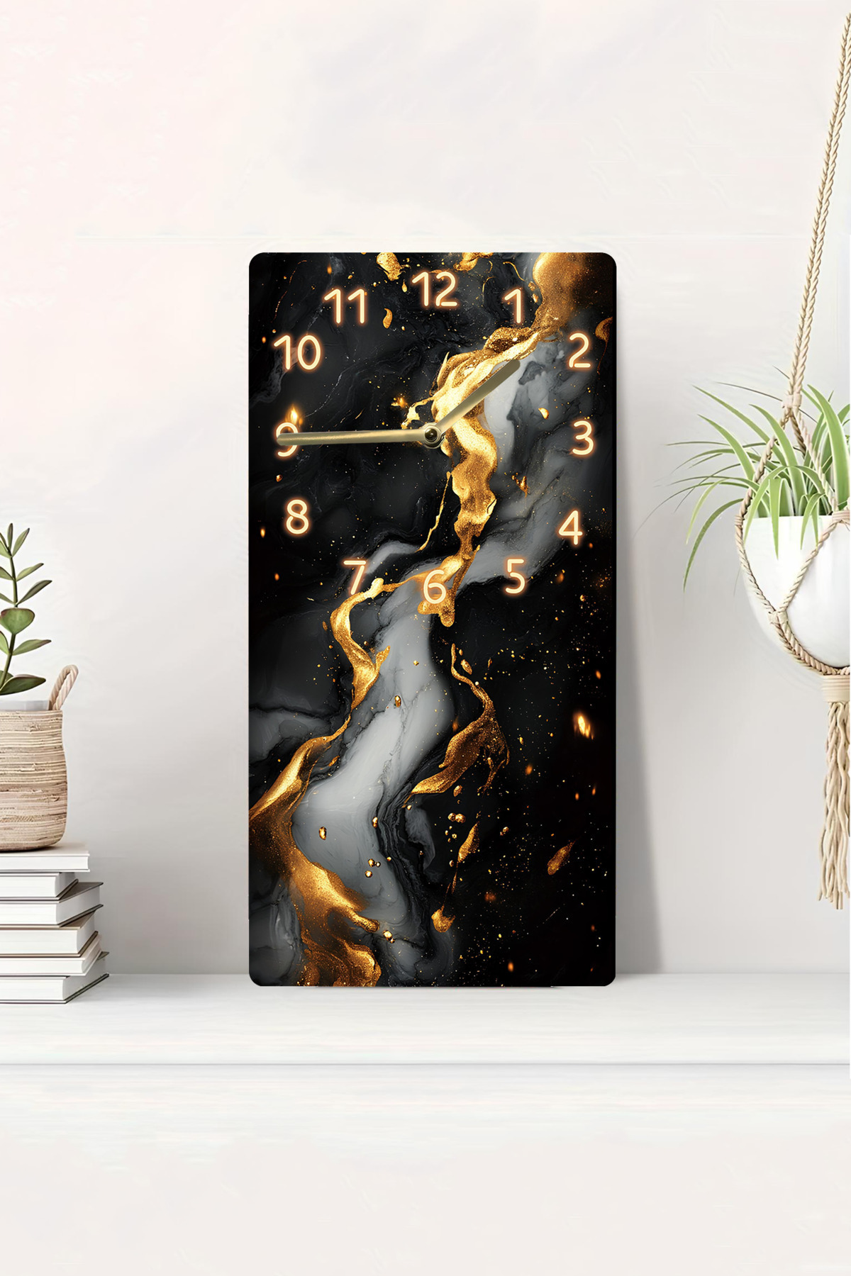 Siyah Altın Desenli MDF Dikdörtgen Duvar Saati 30x60 cm UV Baskı – USD020