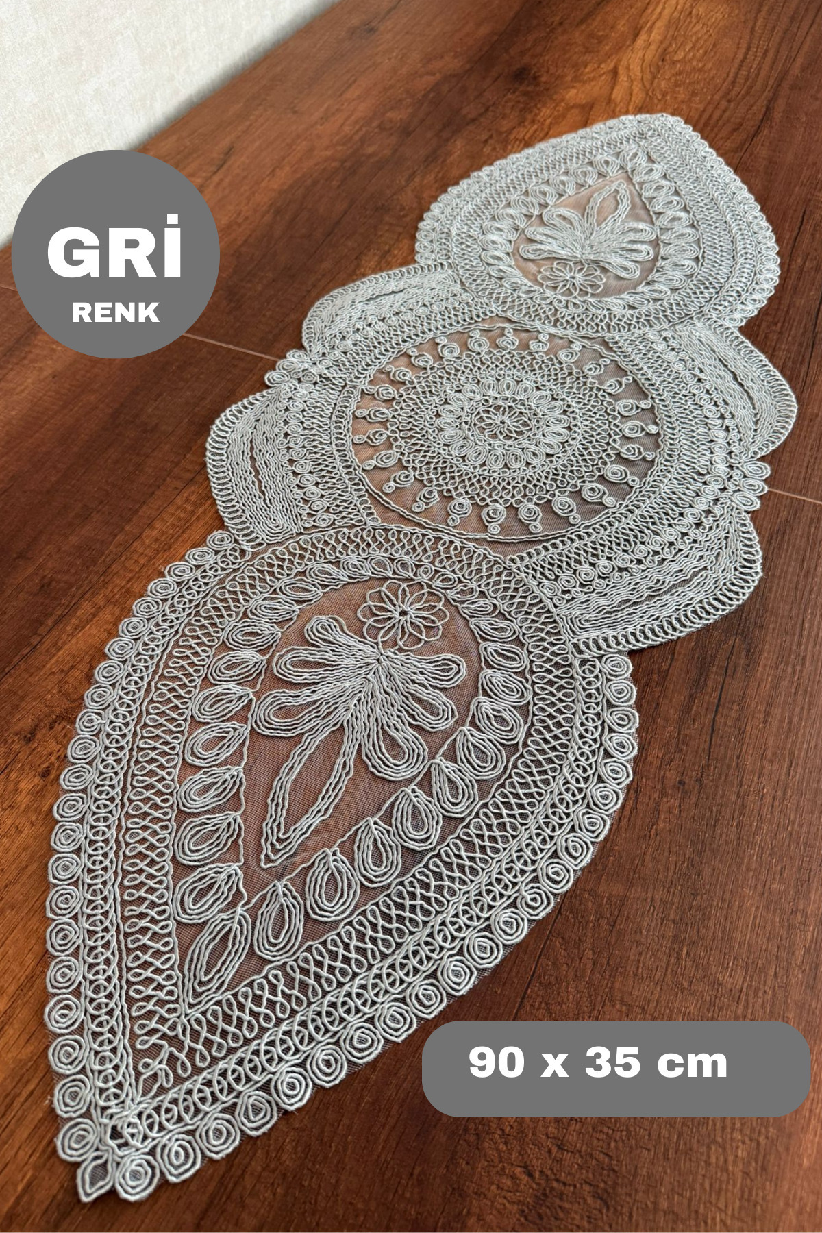 ITALIAN Model GREY Color Oval Dry Runner Custom Embroidered Lace Detail (90X35CM)
