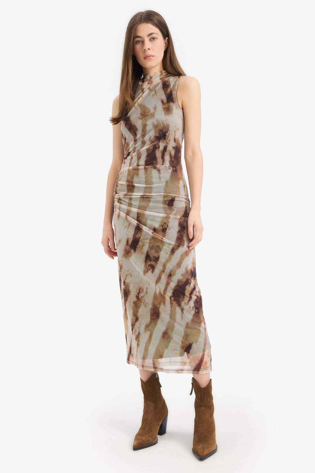 DeFacto Bodycon Vücudu Saran Batik Tül Kolsuz Maxi Elbise E8340AX25SP görsel 4
