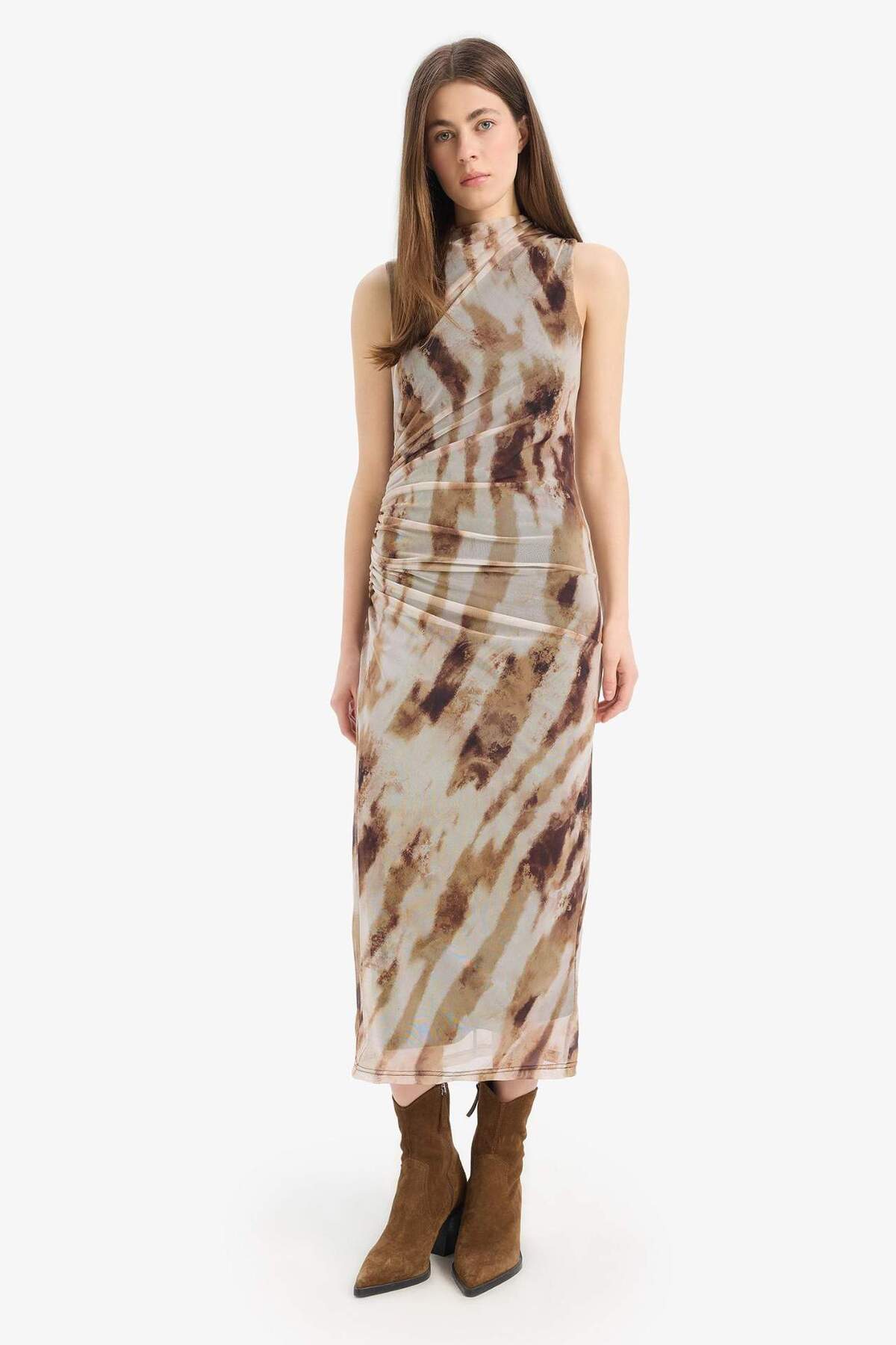 DeFacto Bodycon Vücudu Saran Batik Tül Kolsuz Maxi Elbise E8340AX25SP görsel 5