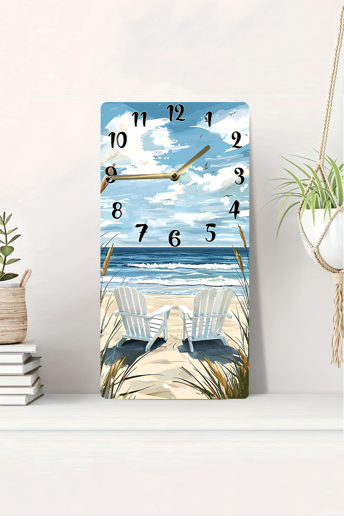 MDF Dikdörtgen Duvar Saati – 30x60 cm Plaj ve Deniz Manzaralı UV Baskı – USD012