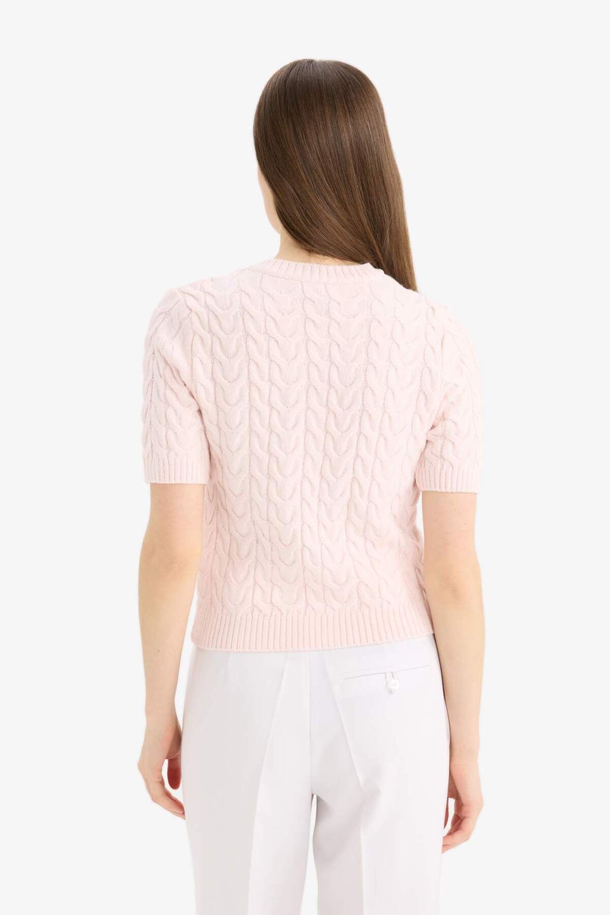 DeFacto Regular Fit Bisiklet Yaka Saç Örgü Kısa Kollu Triko Basic Hırka E6882AX25SM görsel 6