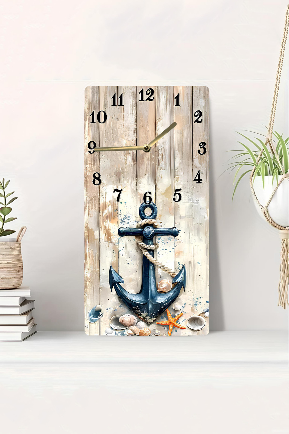 MDF Dikdörtgen Duvar Saati – 30x60 cm Çapa ve Deniz Kabukları Tasarımı UV Baskı – USD004