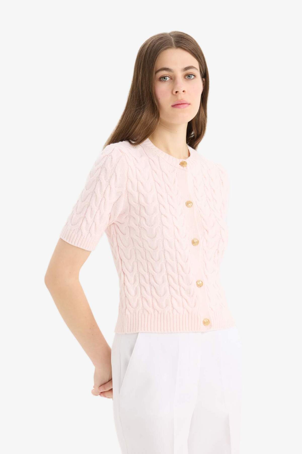 DeFacto Regular Fit Bisiklet Yaka Saç Örgü Kısa Kollu Triko Basic Hırka E6882AX25SM görsel 3