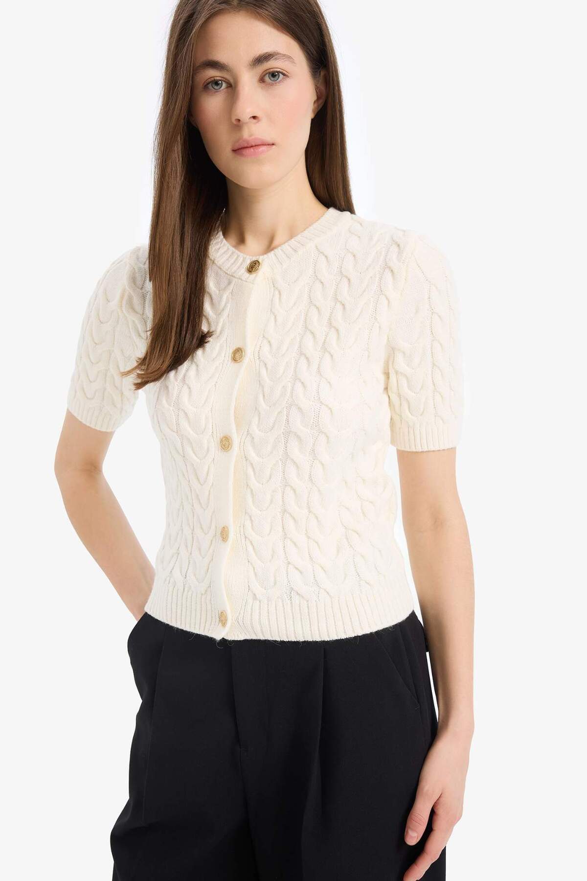 DeFacto Regular Fit Bisiklet Yaka Triko Kısa Kollu Hırka E6882AX25SM görsel 4