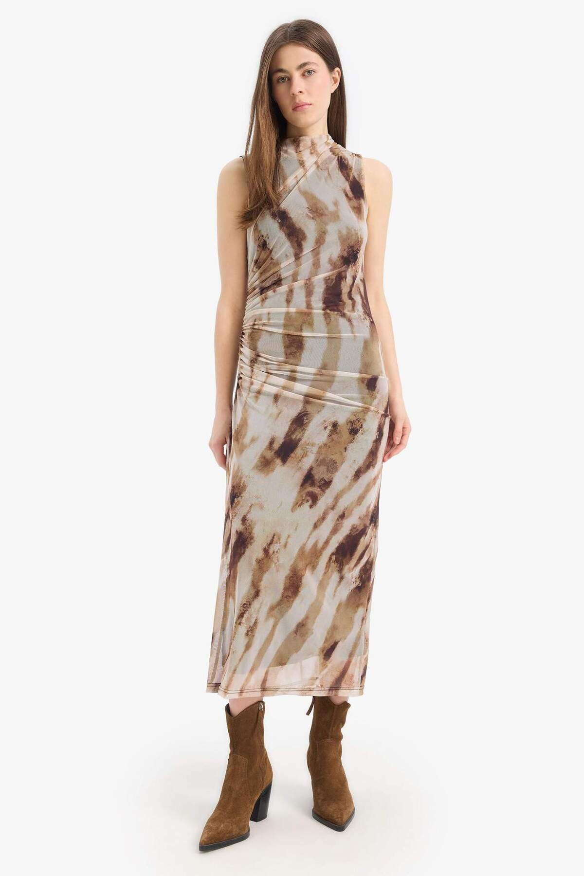 DeFacto Bodycon Vücudu Saran Batik Tül Kolsuz Maxi Elbise E8340AX25SP görsel 6