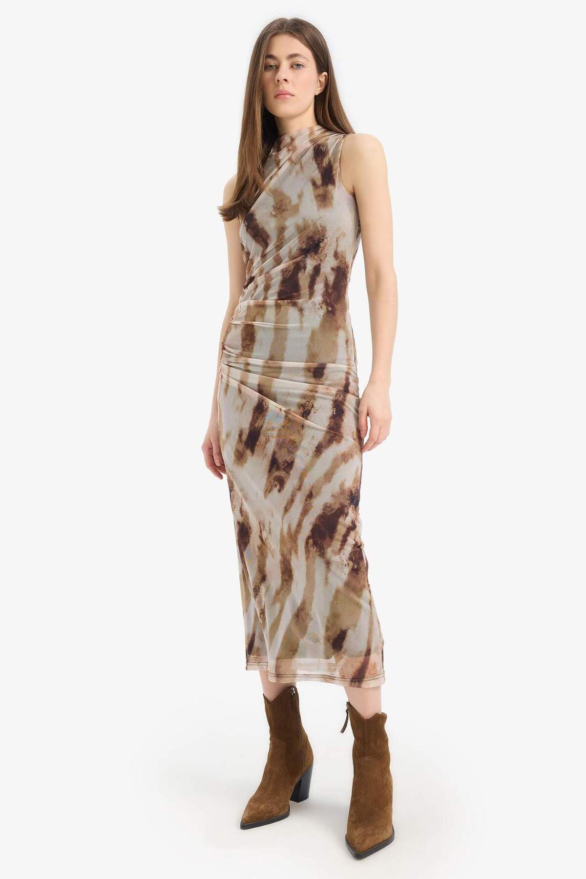 DeFacto Bodycon Vücudu Saran Batik Tül Kolsuz Maxi Elbise E8340AX25SP görsel 7