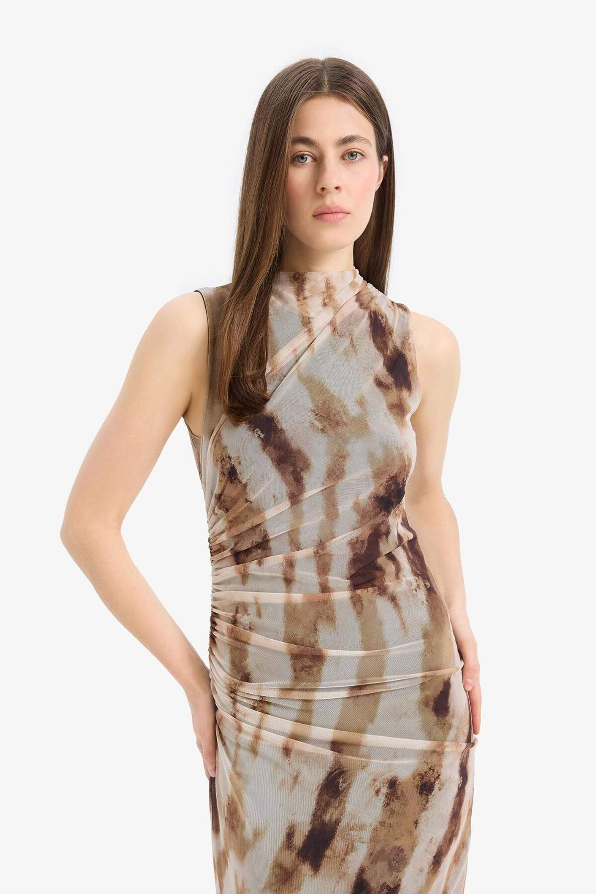 DeFacto Bodycon Vücudu Saran Batik Tül Kolsuz Maxi Elbise E8340AX25SP görsel 8