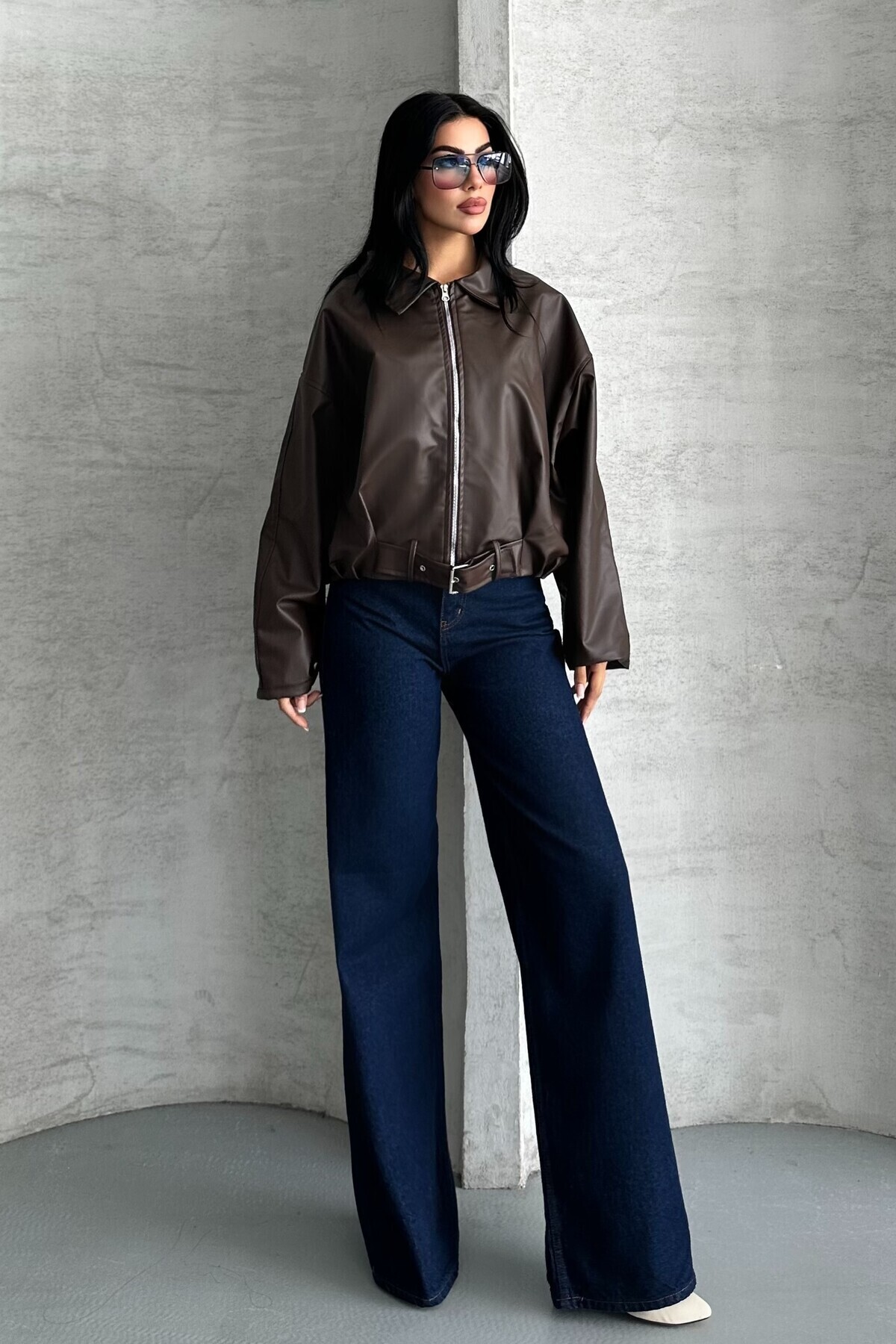 moda armanc  Kadın Oversize Bomber Suni Deri Ceket | Yeni Sezon Kemerli Biker Ceket - Görsel 8