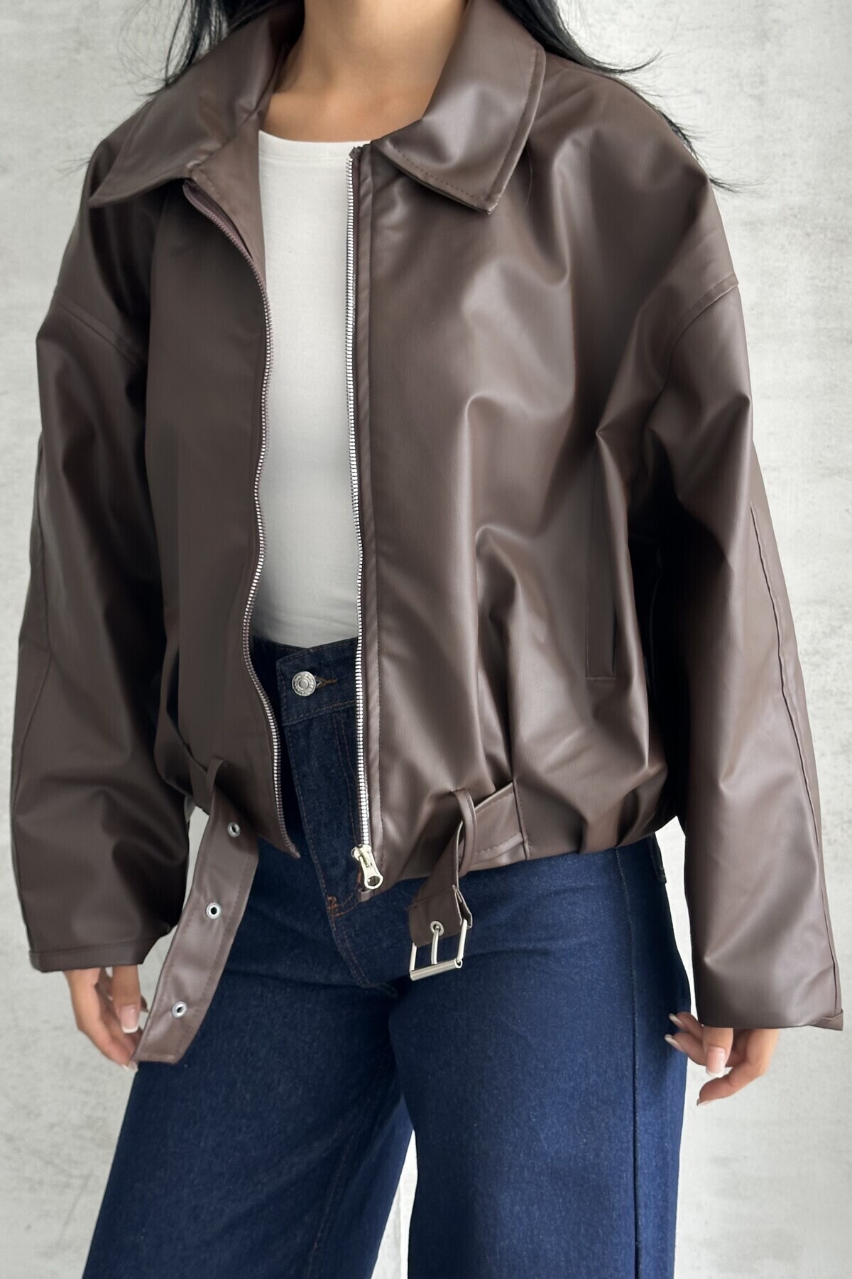 moda armanc  Kadın Oversize Bomber Suni Deri Ceket | Yeni Sezon Kemerli Biker Ceket - Görsel 6