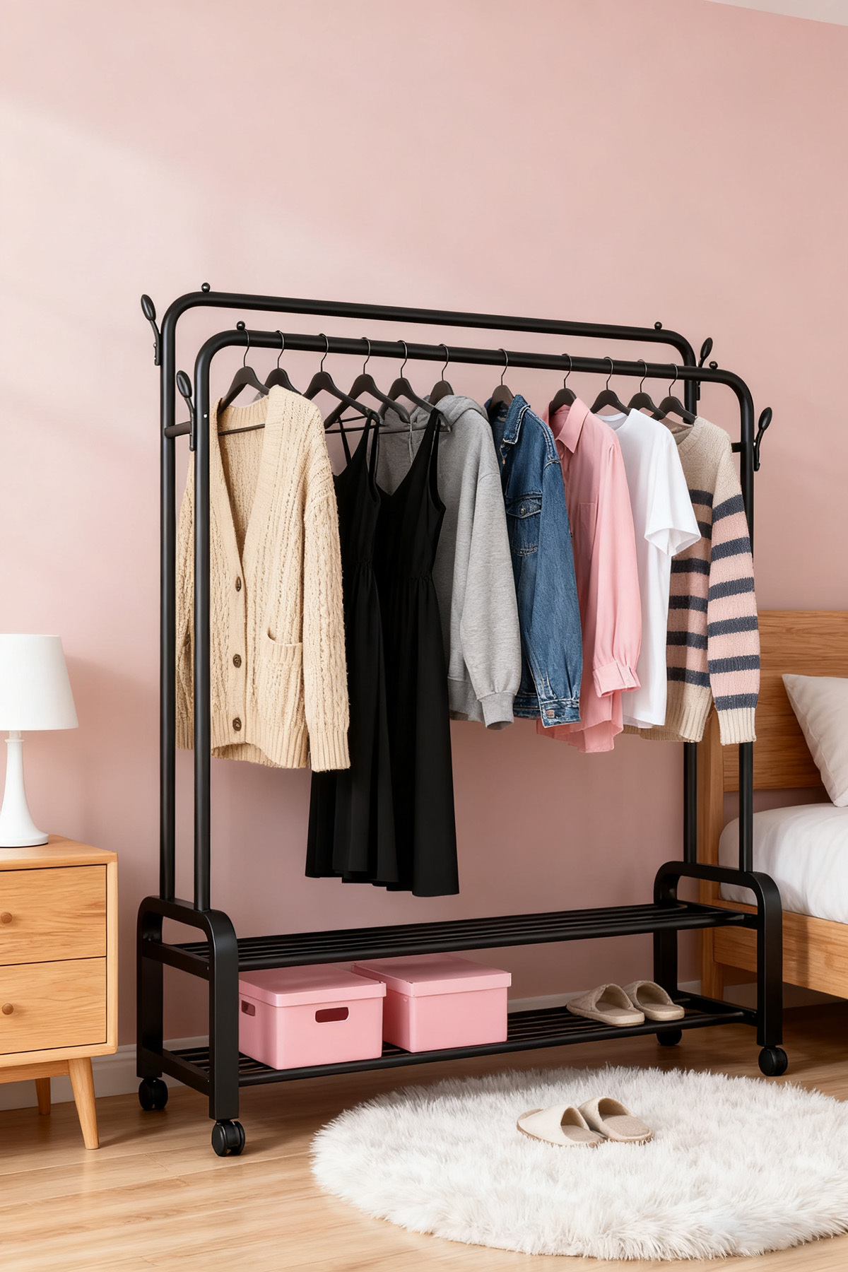 منظم شماعات ملابس معدني مع رفين سفليين للتخزين وعجلات