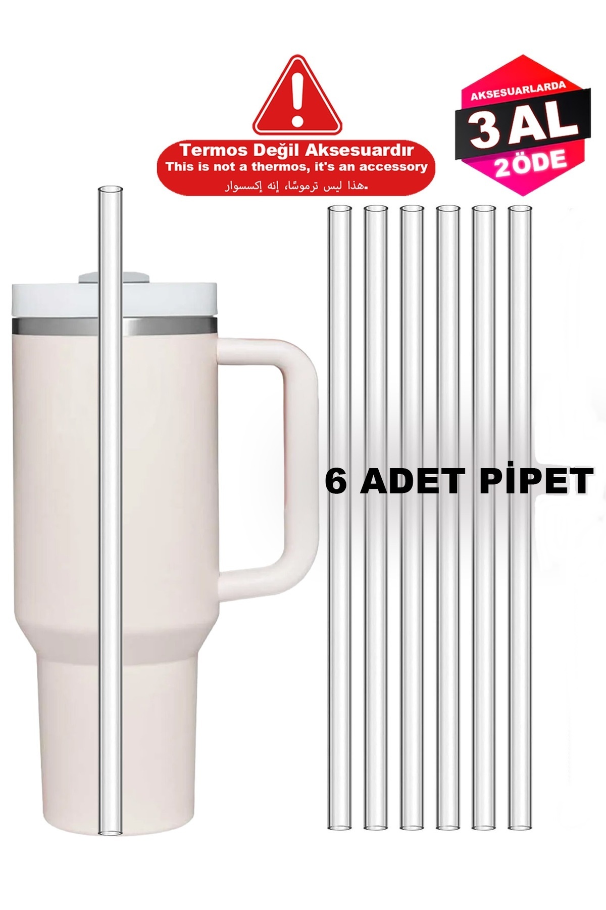 Tois Stanly Quencher Termosla Uyumlu Yedek Pipet, 6'lı Yeniden Kullanılabilir Pipet, Plastik, Şeffaf