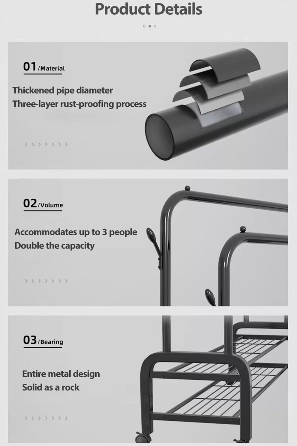منظم شماعات ملابس معدني مع رفين سفليين للتخزين وعجلات